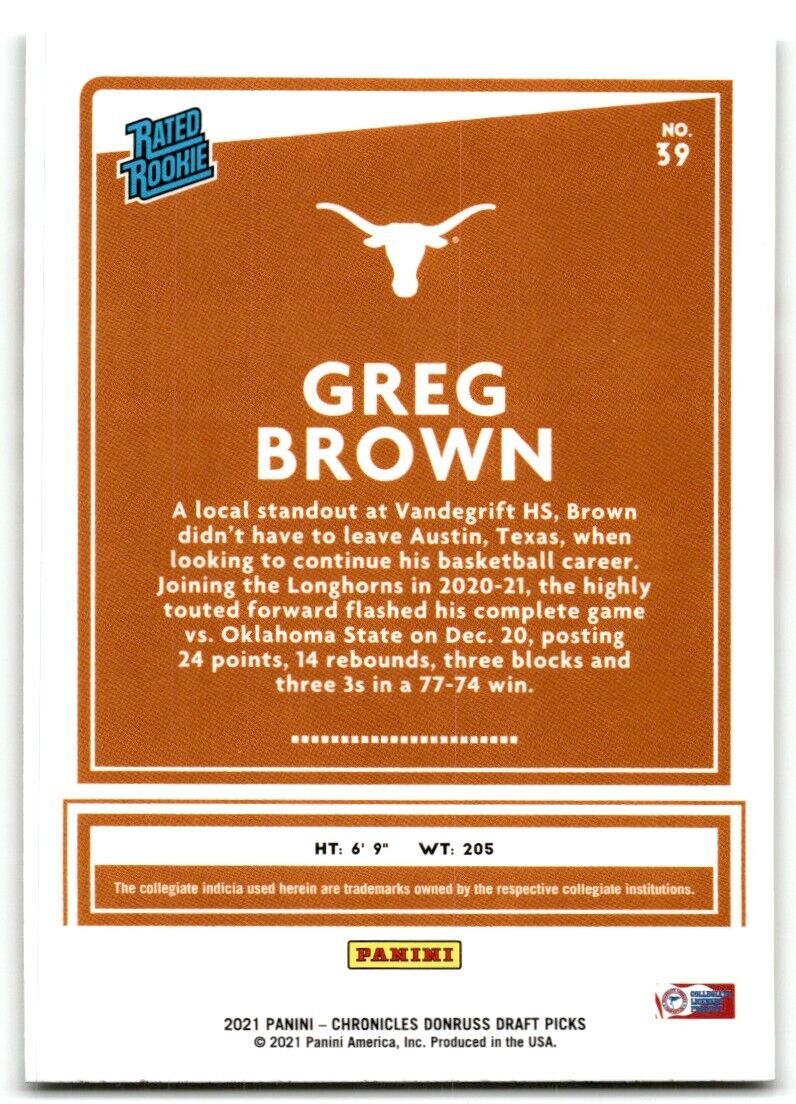 2021-22 Panini Chronicles Donruss Draft Picks Greg Brown III Texas Longhorns #39