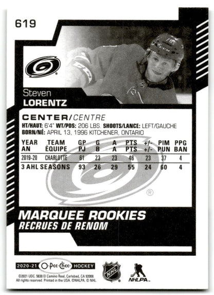 2020-21 O-Pee-Chee Markee Rookies Steven Lorentz Rookie Carolina Hurricanes #619