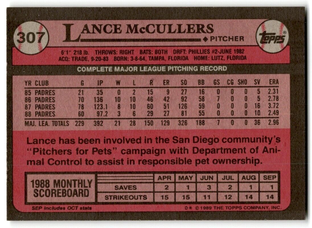 1989 Topps Lance McCullers San Diego Padres #307