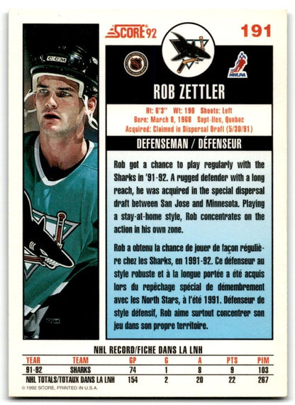 1992-93 Score Rob Zettler San Jose Sharks #191