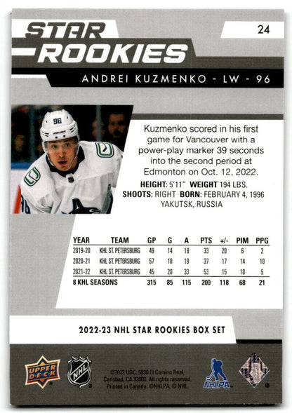 2022-23 Upper Deck Star Rookies Andrei Kuzmenko Rookie Vancouver Canucks #24