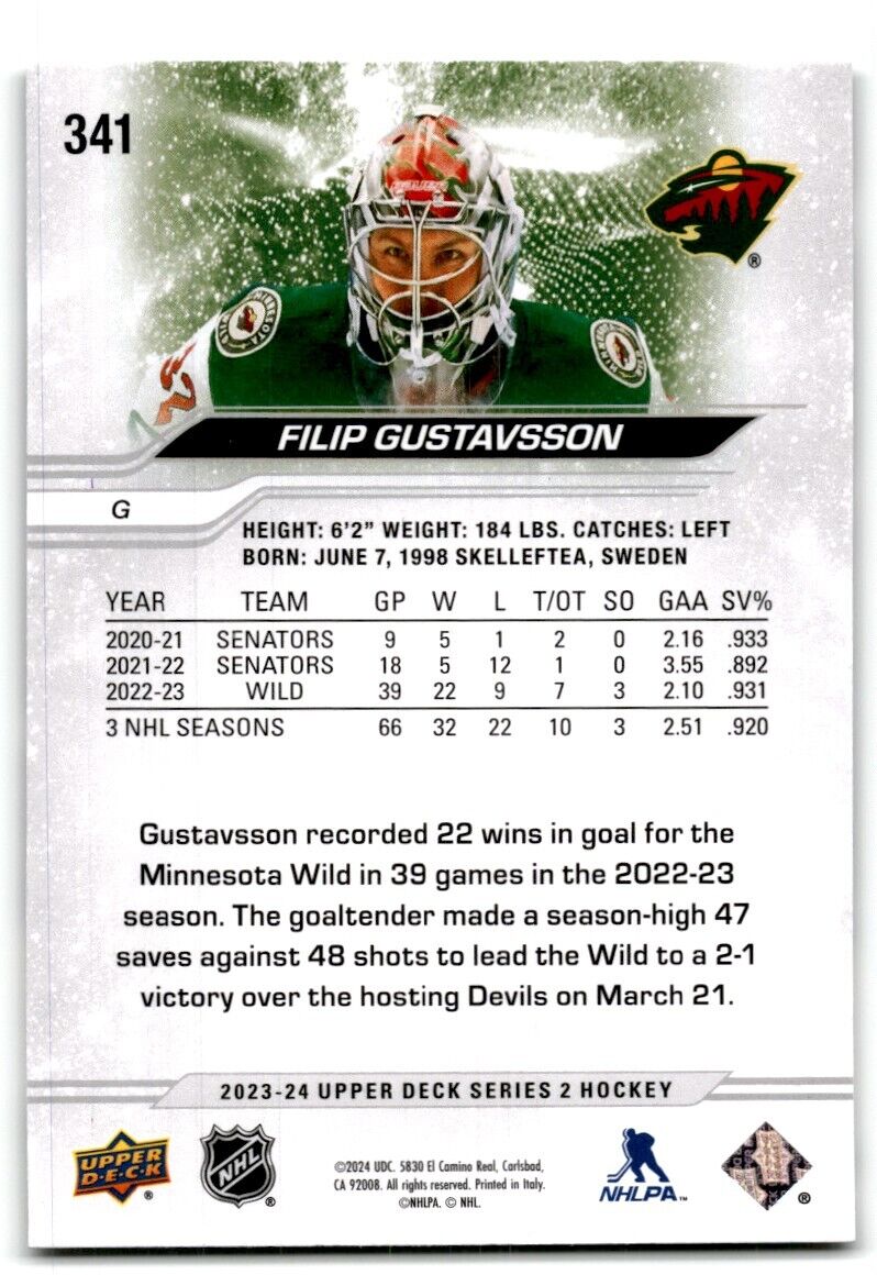 2023-24 Upper Deck Filip Gustavsson Minnesota Wild #341