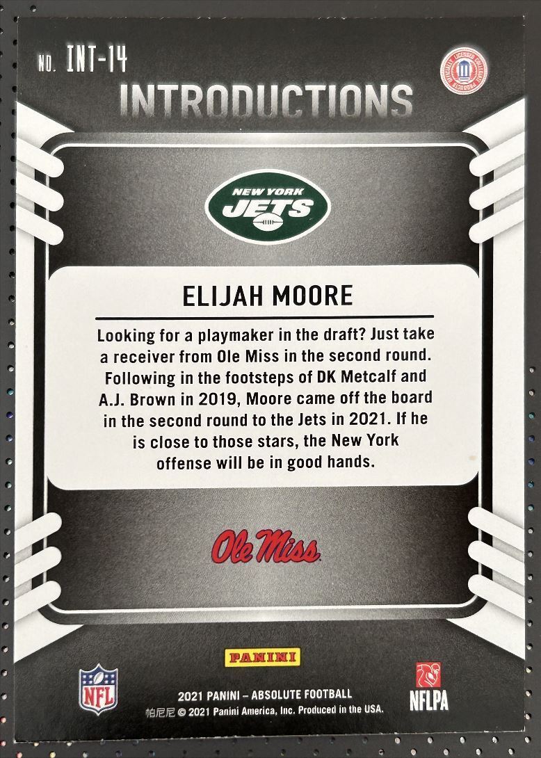 2021 Panini Absolute Elijah Moore Rookie New York Jets #INT-14