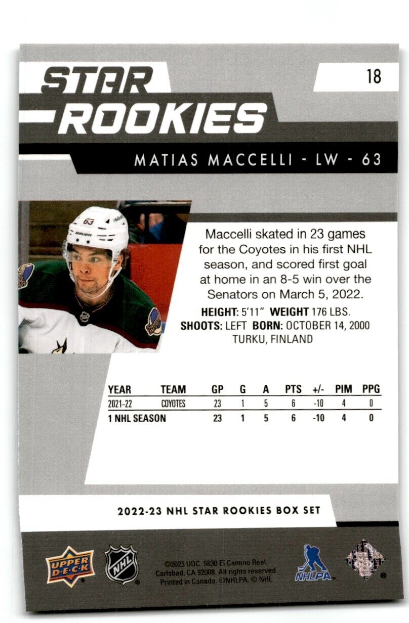 2022-23 Upper Deck Star Rookies Matias Maccelli Rookie Arizona Coyotes #18