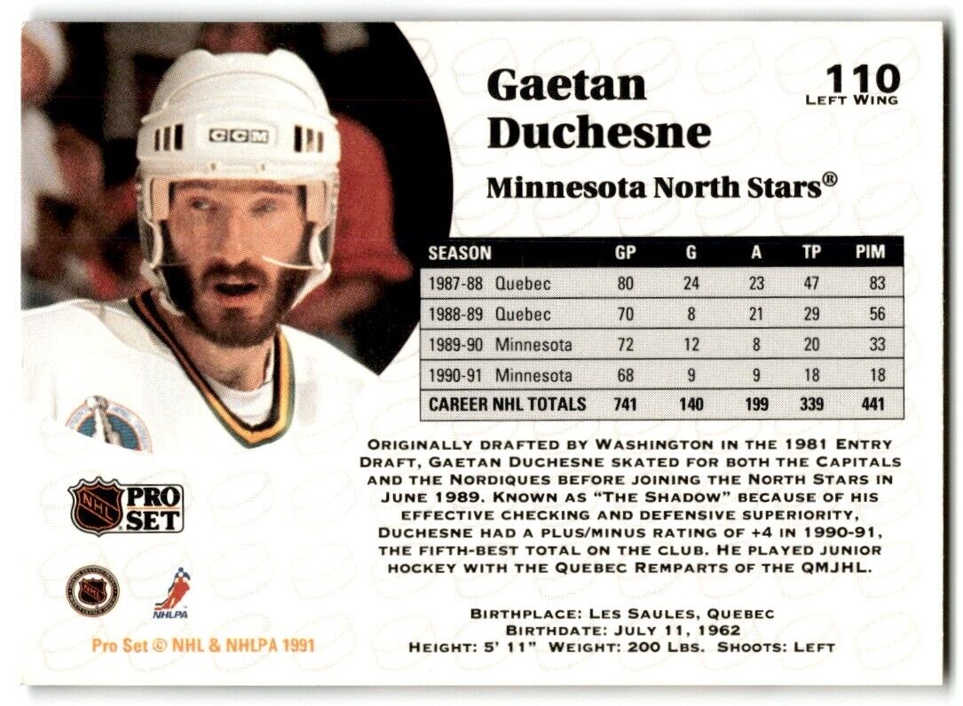 1991-92 Pro Set Gaetan Duchesne Minnesota North Stars #110