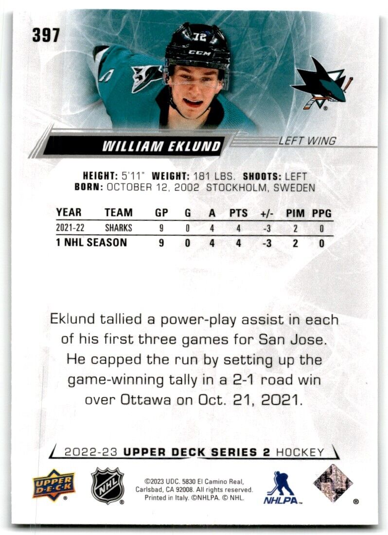 2022-23 Upper Deck William Eklund San Jose Sharks #397