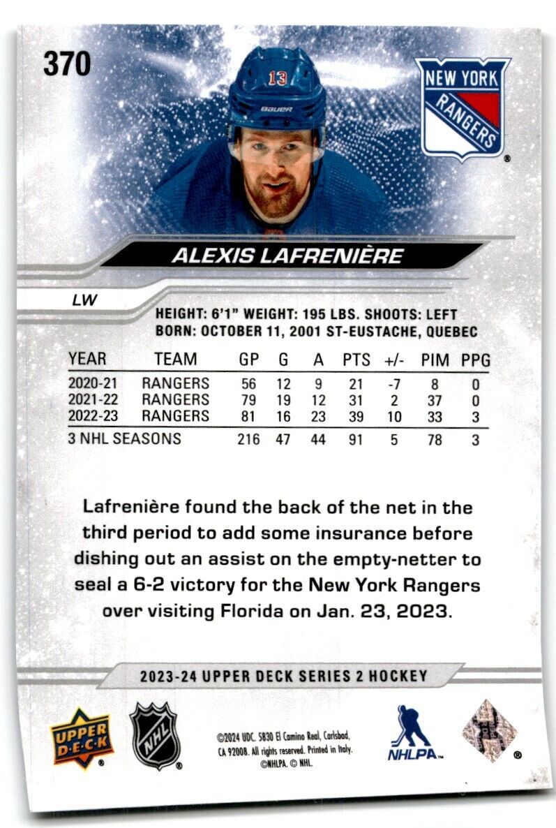 2023-24 Upper Deck Alexis Lafreniere New York Rangers #370