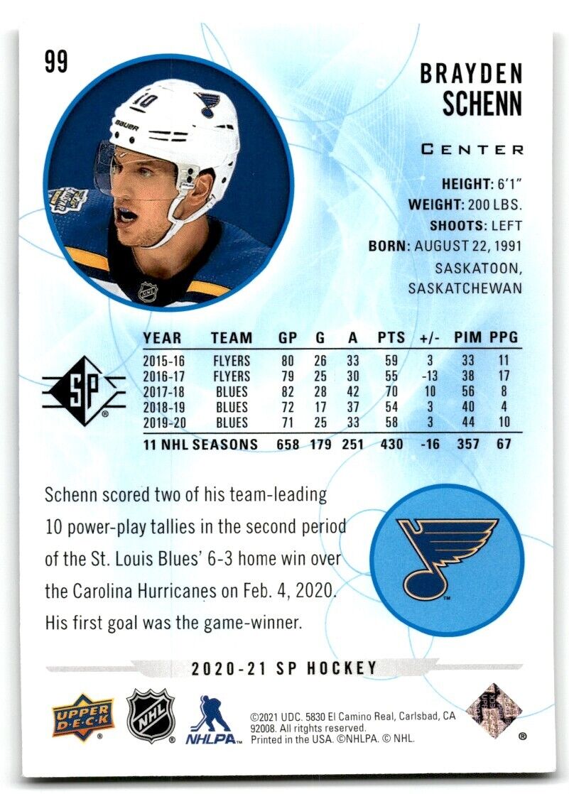 2020-21 SP Authentic Brayden Schenn St. Louis Blues #99