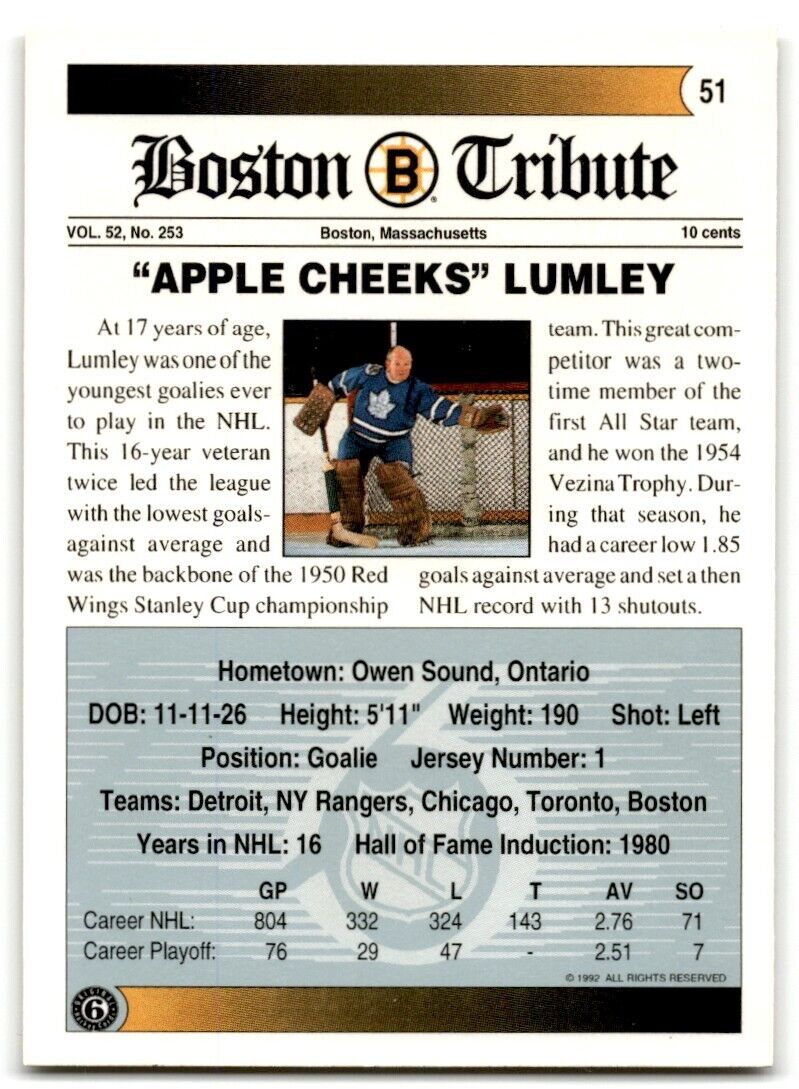 1991-92 Ultimate Original 6 Harry Lumley Boston Bruins #51