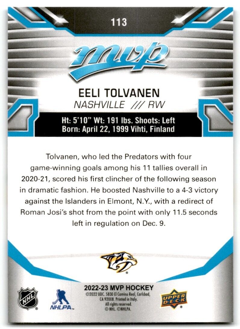 2022-23 Upper Deck MVP Eeli Tolvanen Nashville Predators #113