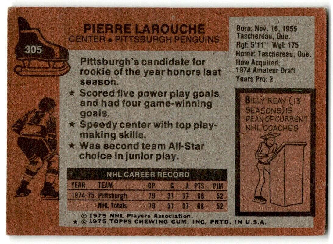 1975-76 Topps Pierre Larouche Rookie Pittsburgh Penguins #305