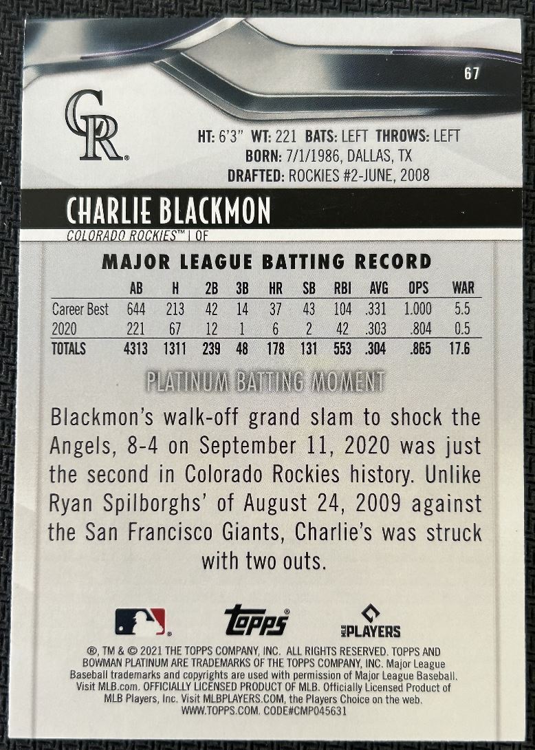 2021 Bowman Platinum Charlie Blackmon Colorado Rockies #67