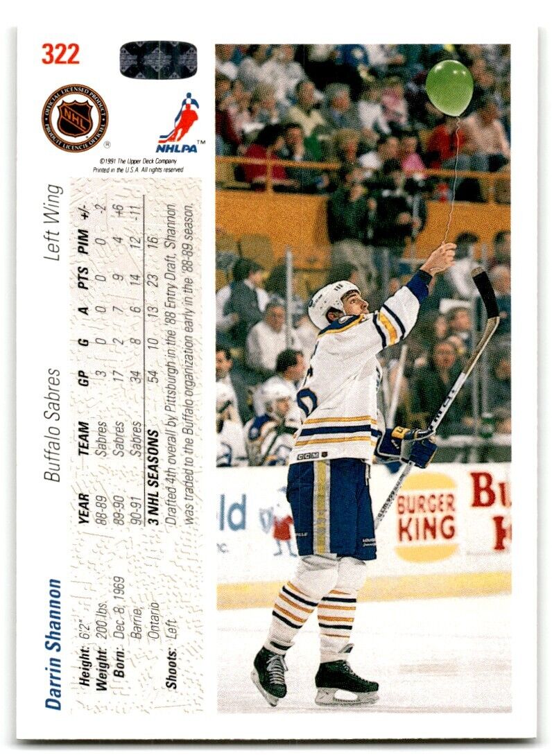 1991-92 Upper Deck Darrin Shannon Buffalo Sabres #322