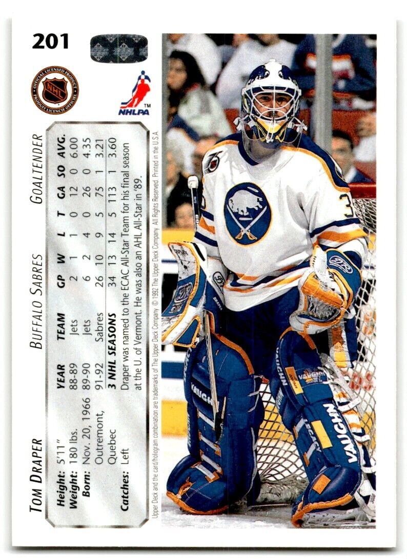 1992-93 Upper Deck Tom Draper Buffalo Sabres #201