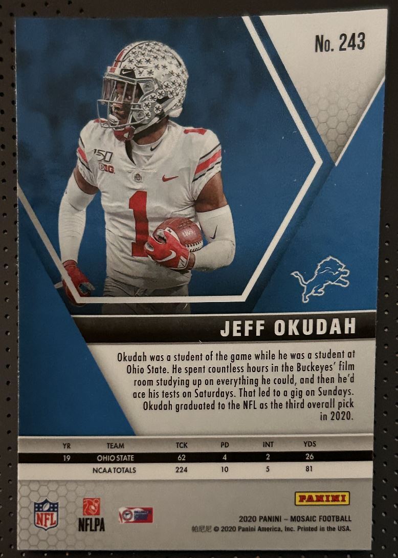 2020 Panini Mosaic Jeff Okudah Rookie Detroit Lions #243