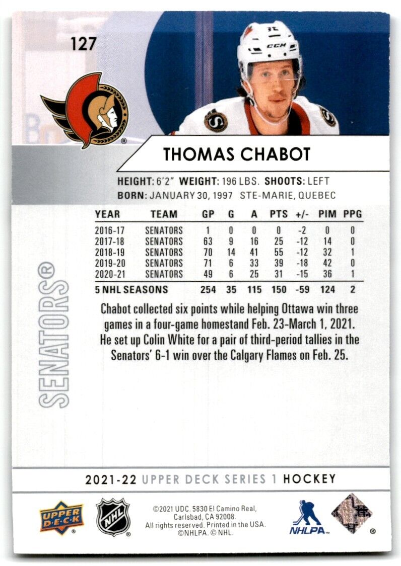 2021-22 Upper Deck Thomas Chabot Ottawa Senators #127