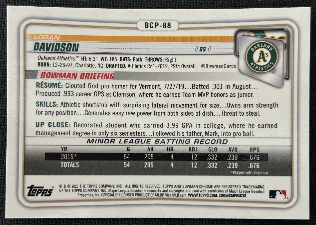 2020 Bowman Chrome Prospects Logan Davidson Oakland Athletics #BCP-88