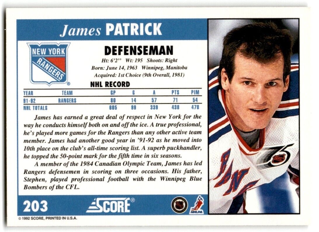 1992-93 Score James Patrick New York Rangers #203