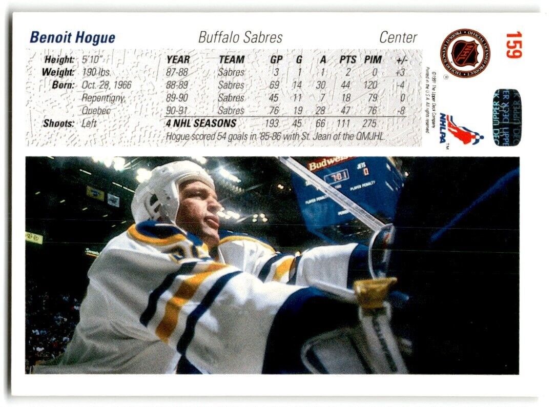 1991-92 Upper Deck Benoit Hogue Buffalo Sabres #159