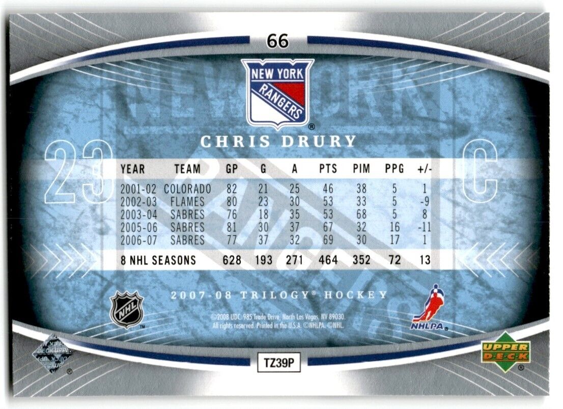 2007-08 Upper Deck Trilogy Chris Drury New York Rangers #66