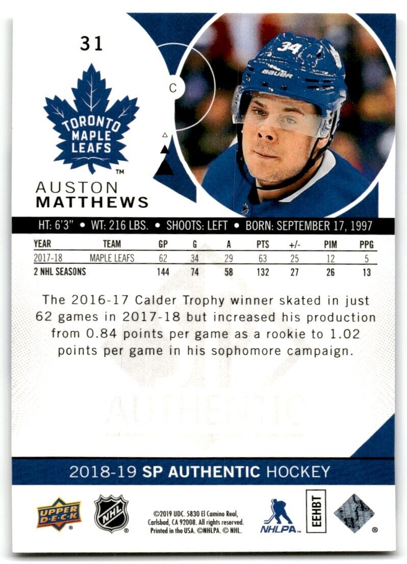 2018-19 SP Authentic Auston Matthews Rookie Toronto Maple Leafs #31