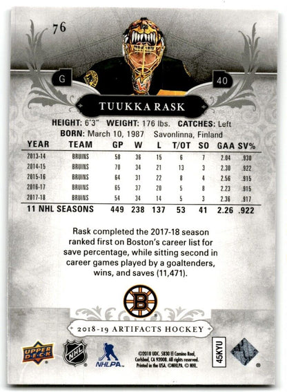 2018-19 Upper Deck Artifacts Tuukka Rask Boston Bruins #76