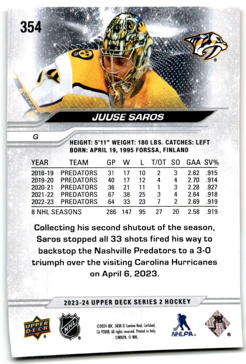 2023-24 Upper Deck Juuse Saros Nashville Predators #354