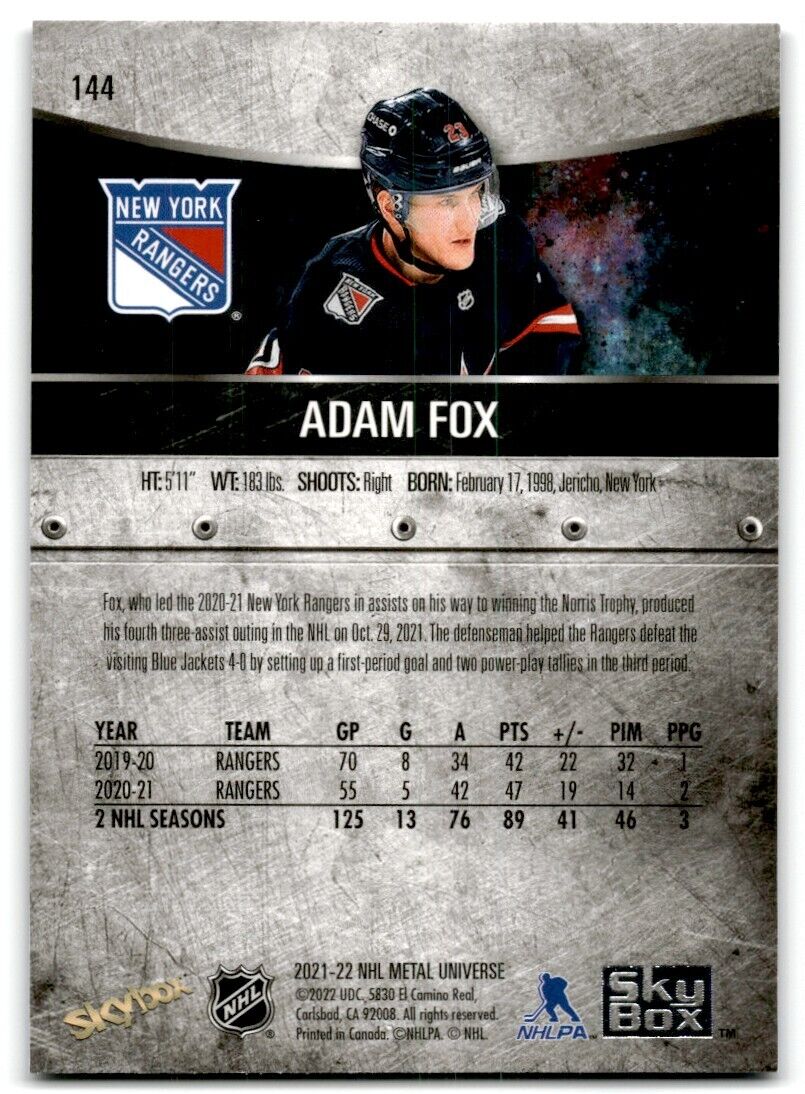 2021-22 Skybox Metal Universe Adam Fox New York Rangers #144