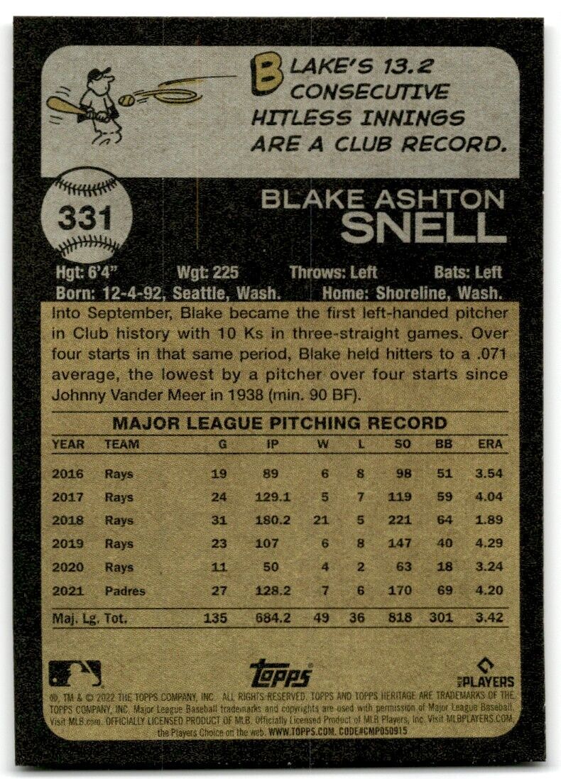 2022 Topps Heritage Blake Snell San Diego Padres #331