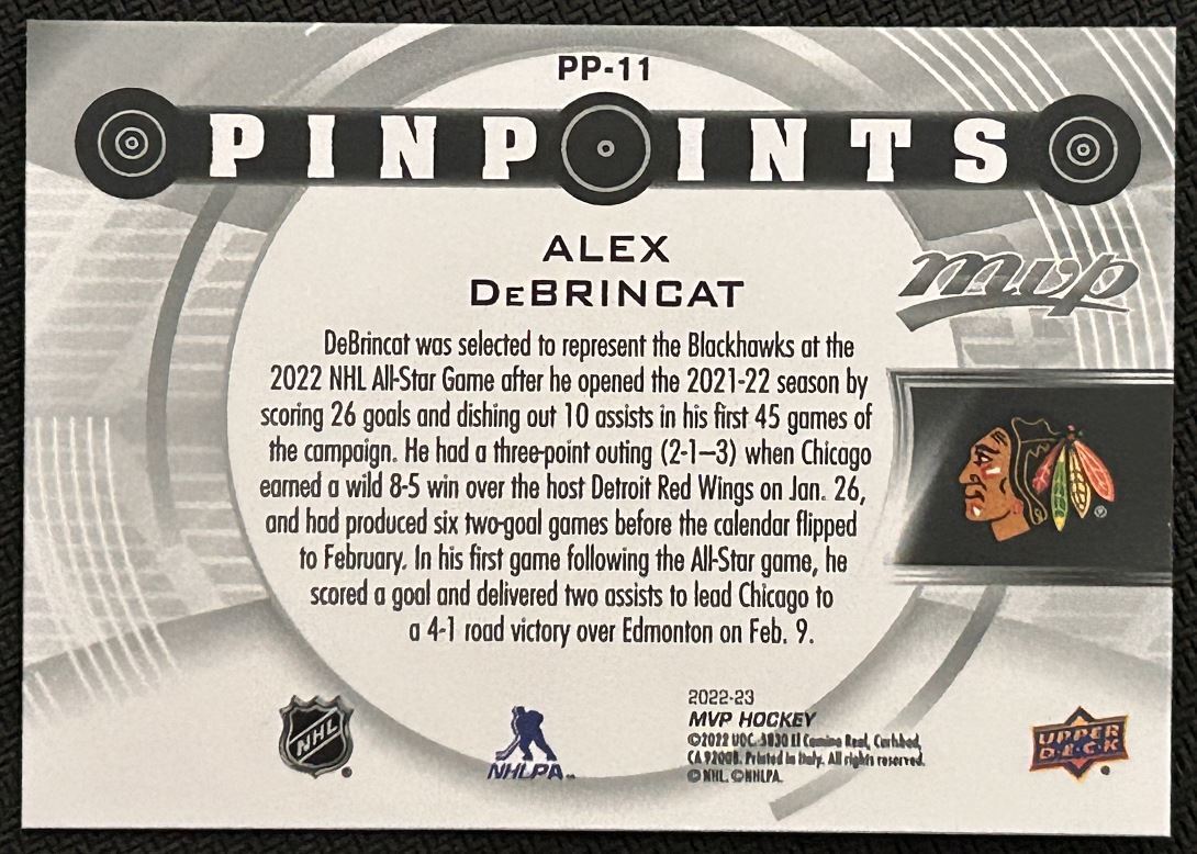 2022-23 Upper Deck MVP Pinpoints Alex DeBrincat Chicago Blackhawks #PP-11