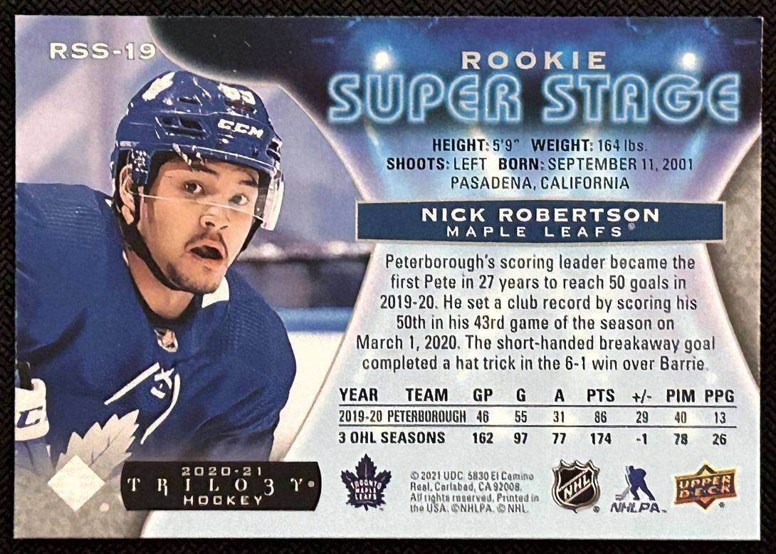 2020-21 Upper Deck Trilogy Rookie Super Stage Nick Robertson Rookie Toronto