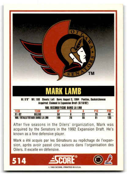 1992-93 Score Mark Lamb Ottawa Senators #514