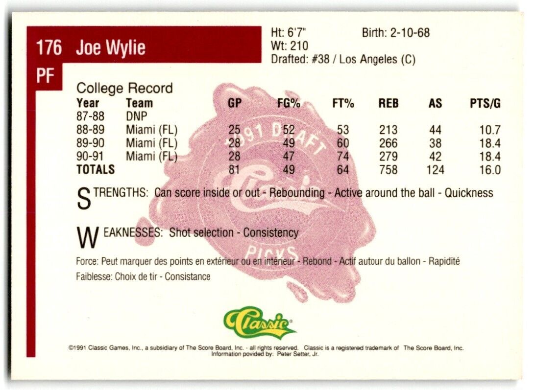 1991-92 Classic Joe Wylie Rookie Miami Hurricanes #1776