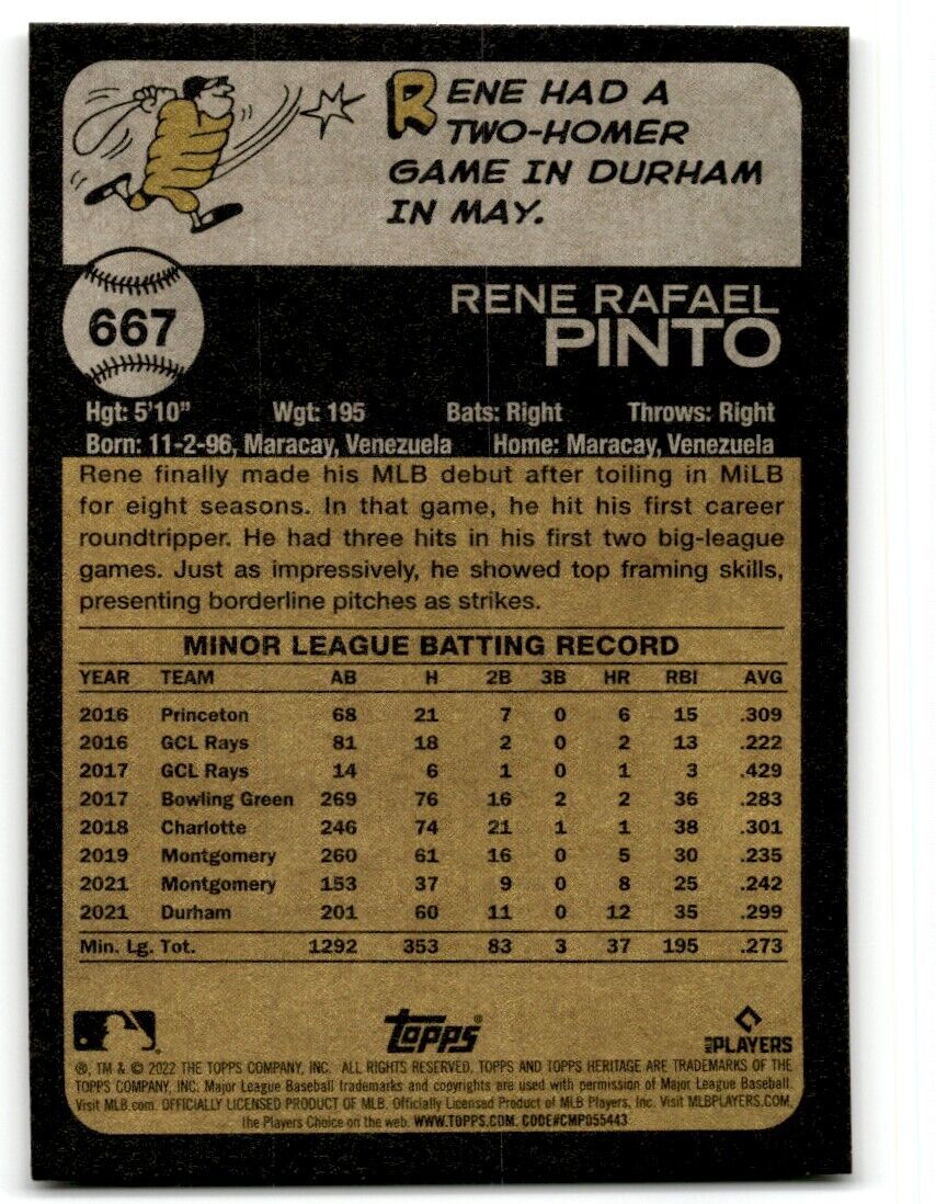 2022 Topps Heritage Rene Pinto Rookie Tampa Bay Rays #667