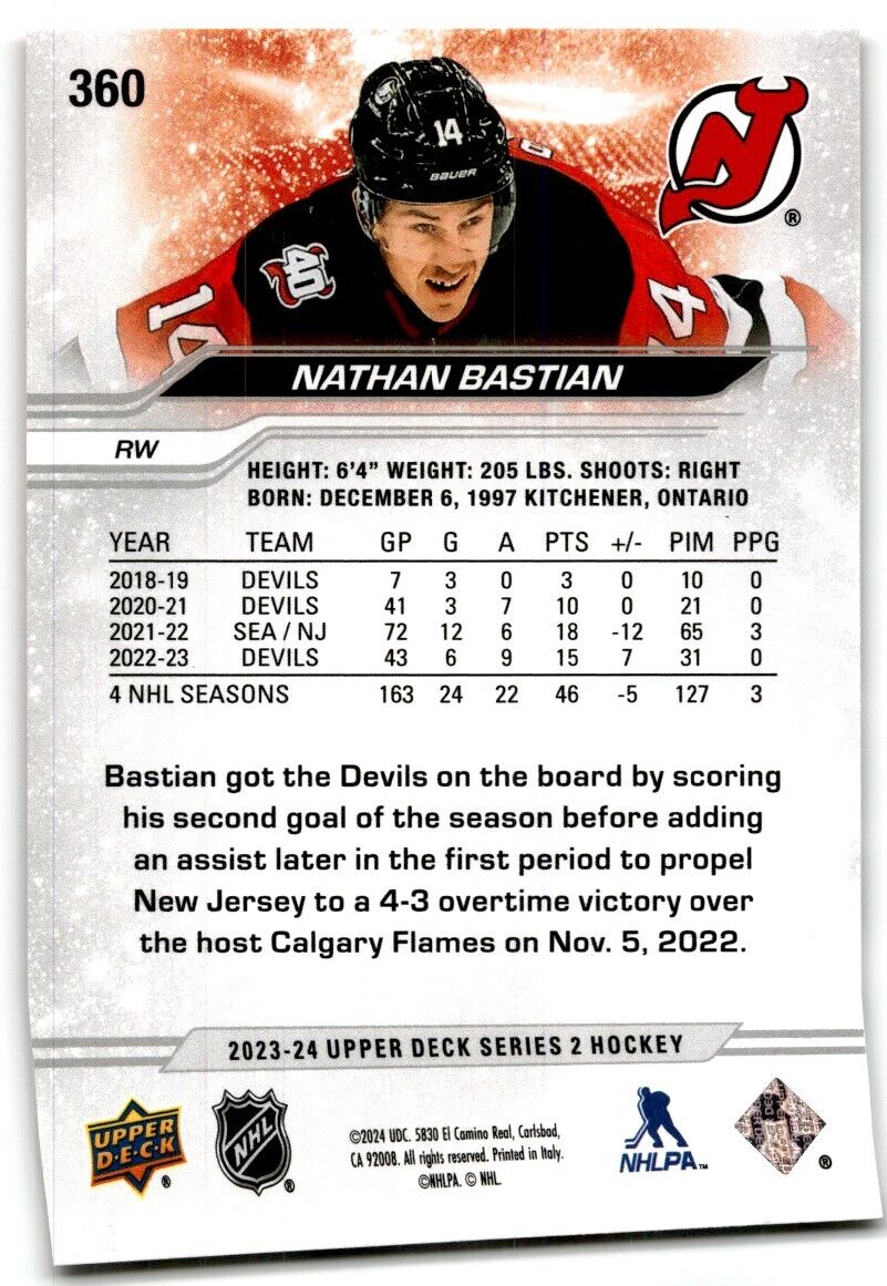 2023-24 Upper Deck Nathan Bastian New Jersey Devils #360