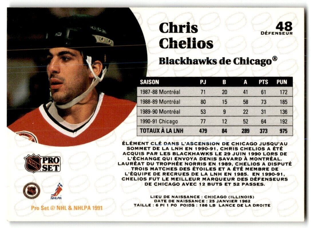 1991-92 Pro Set Chris Chelios Chicago Blackhawks #48