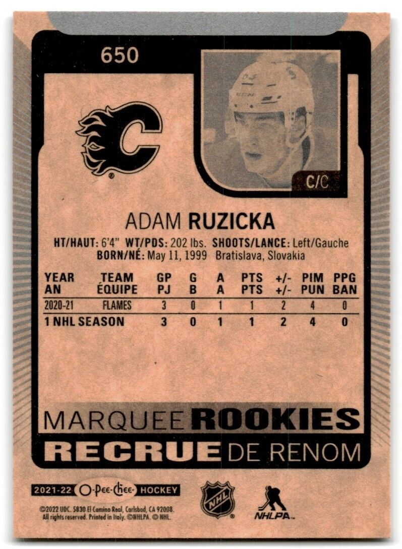 2021-22 O-Pee-Chee Markee Rookies Adam Ruzicka Rookie Calgary Flames #650