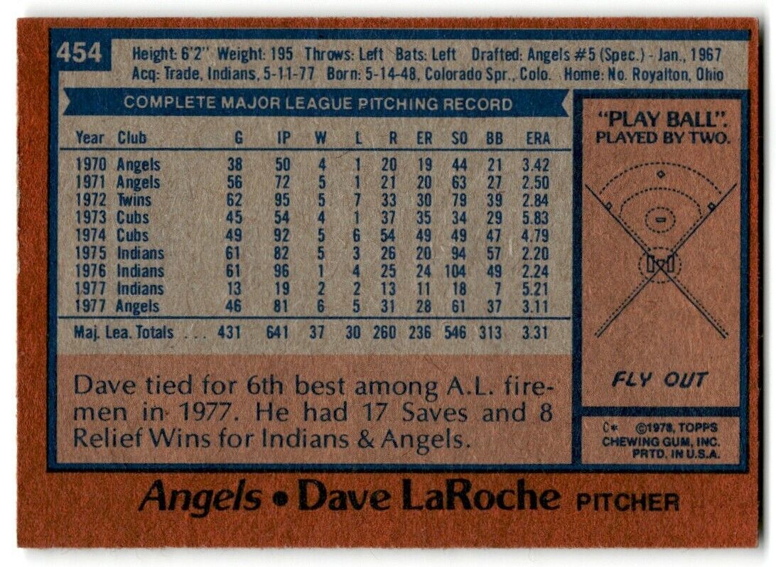 1978 Topps Dave LaRoche California Angels #454