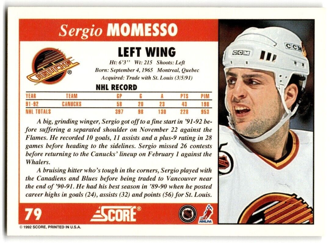 1992-93 Score Sergio Momesso Vancouver Canucks #79