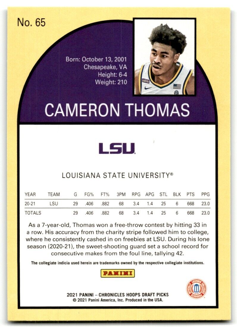 2021-22 Panini Chronicles Draft Picks Cameron Thomas LSU Tigers #65