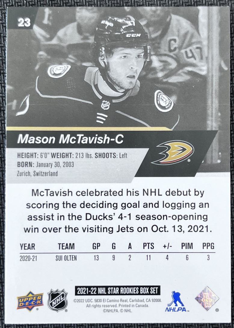 2022-23 Upper Deck NHL Star Rookie Mason McTavish Rookie Anaheim Ducks #23