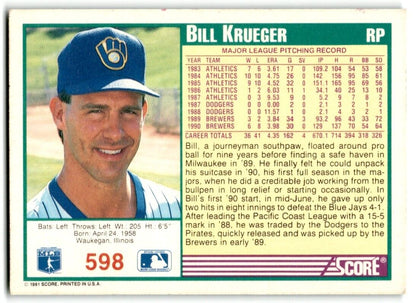 1991 Score Bill Krueger Milwaukee Brewers #598