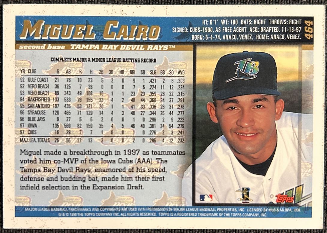 1998 Topps Miguel Cairo Tampa Bay Devil Rays #464