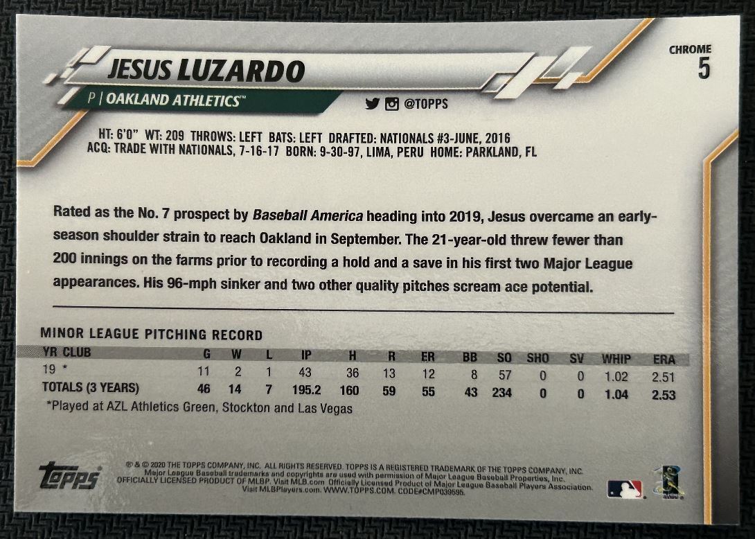 2020 Topps Chrome Jesus Luzardo Rookie Oakland Athletics #5