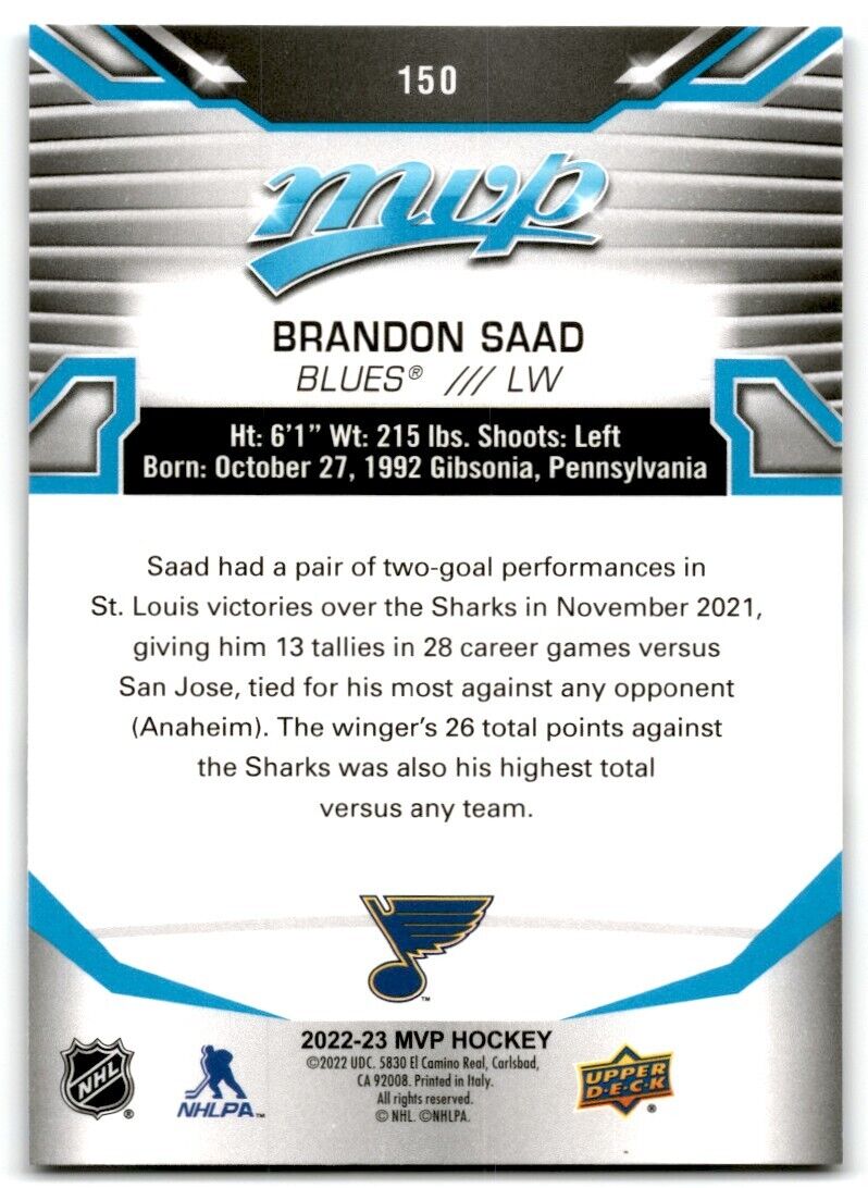 2022-23 Upper Deck MVP Brandon Saad St. Louis Blues #150