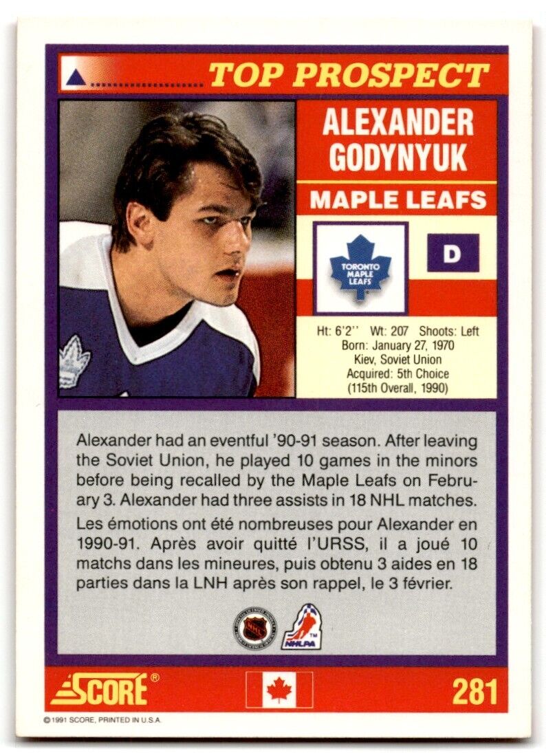 1991-92 Score Canadian Alexander Godynyuk Rookie Toronto Maple Leafs #281