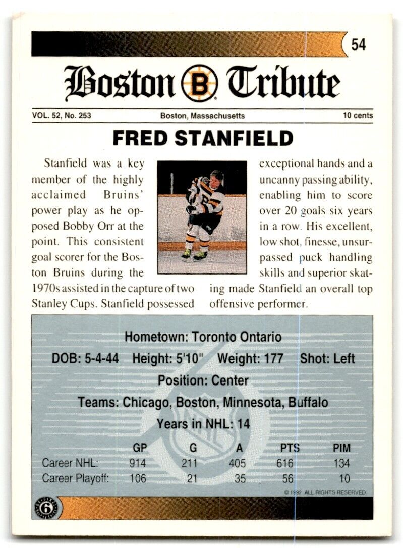 1991-92 Ultimate Original 6 French Fred Stanfield Boston Bruins #54