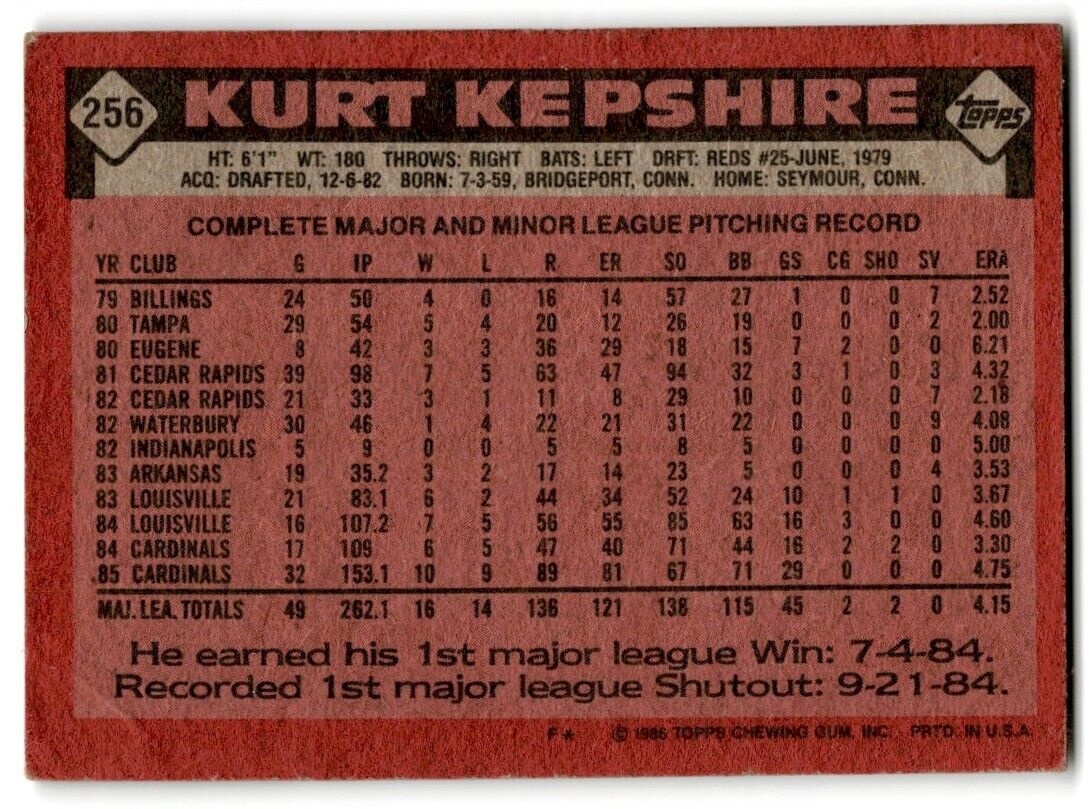 1986 Topps Kurt Kepshire St. Louis Cardinals #256