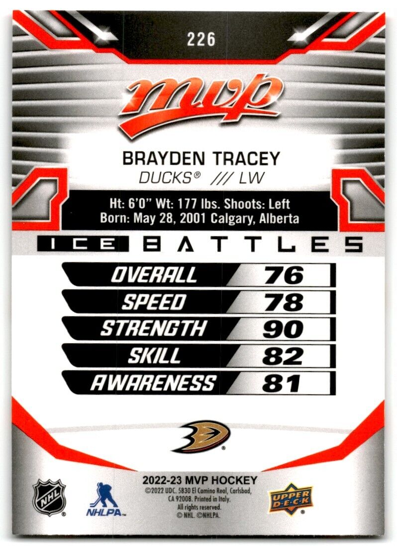 2022-23 Upper Deck MVP Ice Battles Brayden Tracey Rookie Anaheim Ducks #226