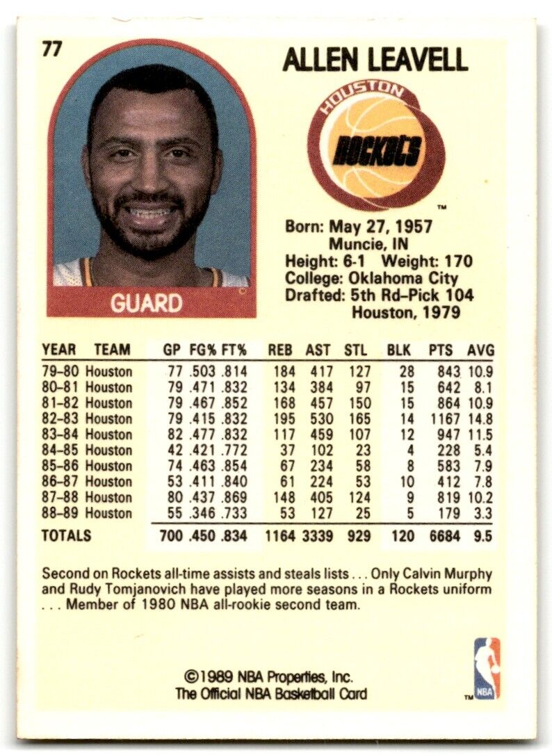 1989-90 Hoops Allen Leavell Houston Rockets #77